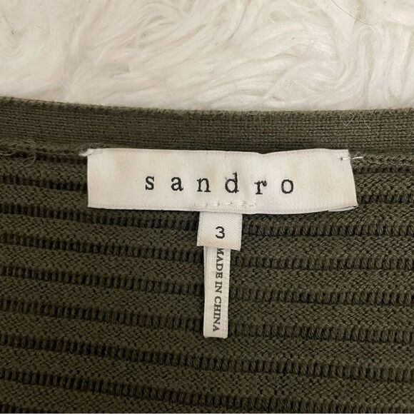 SANDRO Olive Green Ribbed Knit Lambskin Leather Sleeve Pullover Sweater sz 3 - Picture 6 of 10